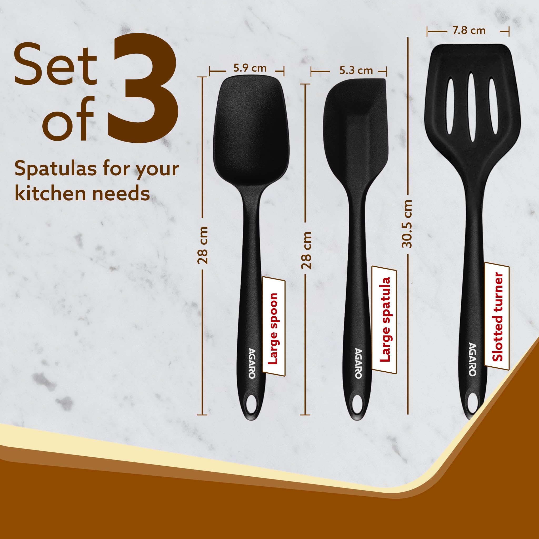 AGARO Deluxe Silicone Spatula Set of 3, Heat Resistant, Cooking, Baking and Mixing, Non-Stick Cookware, BPA Free, Seamless Desig